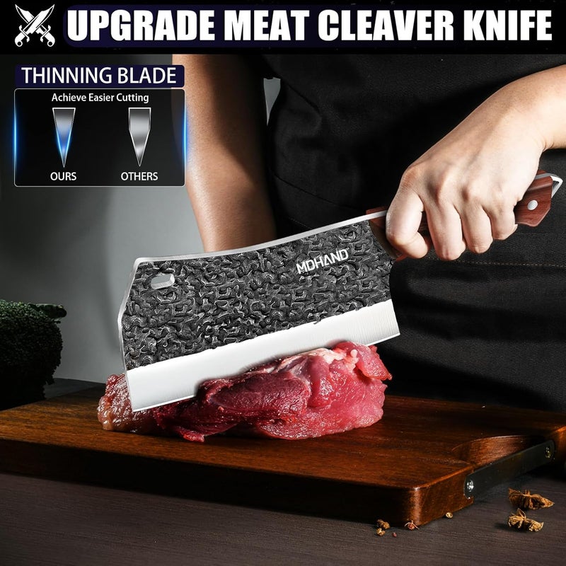 MDHAND Butcher Knife Set, 8PCS Butcher Cleaver Knife Set for Meat Cutting, Hand Forged Viking Knives Sets with Meat Cleaver, Heavy-Duty Kitchen Knives Sets for Bone BBQ Vegetable, Knives Gift for Men - Image 3